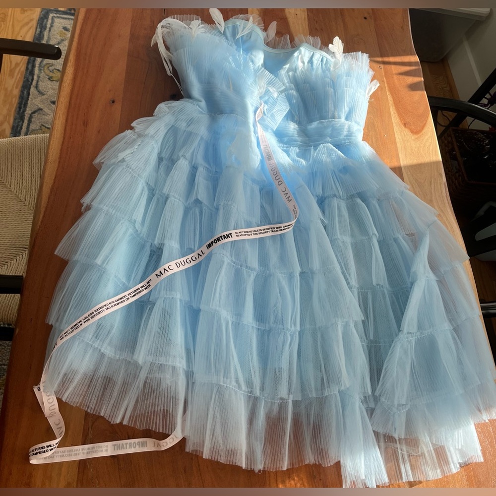 NWT Mac Duggal Feathered Strapless Tulle Fit + Flare Dress Powder Blue - Sz 10 - Picture 7 of 8